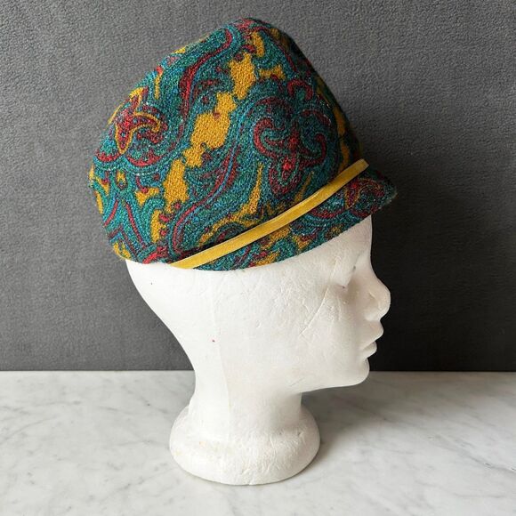 Vintage 60s Paisley Cloche Hat Teal Red Yellow Velvet Ribbon Retro Mod Style - Picture 4 of 7